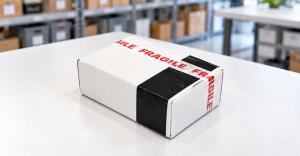 White shipping carton sealed with black tape and red FRAGILE lettering on a packing table, with storage shelves behind it.