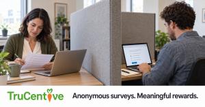 Illustration of a survey requester and participant working on opposite sides of a privacy divider, with the TruCentive logo.