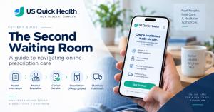 US Quick Health educational illustration titled The Second Waiting Room, showing a clinic waiting area, an online doctor consultation, and the prescription care process.
