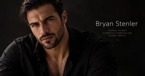 Cinematic close-up portrait of Bryan Stenler, AI-native virtual actor and digital model created by Bryan Stenler Studios, wearing a black shirt against a dark background with editorial branding.