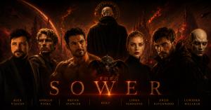 Cinematic promotional artwork for The Sower Universe featuring Alex Viegas, Apollo Viera, Bryan Stenler, Billy, Liora Verdanne, Enzo Ravenwood and Lunther Malakar against a dramatic red science-fiction landscape.