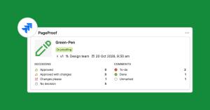 Jira logo beside a PageProof card showing a proof’s status, reviewer decisions, and comment counts.