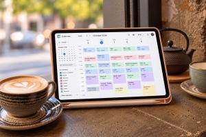 AI-edited photo of an iPad displaying Linda Cunningham’s calendar and AI executive assistant workflow for managing commitments and next actions.