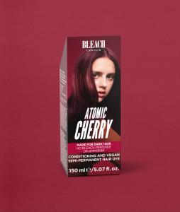 Bleach London Atomic Cherry Pack Shot with model hair dyed Atomic Cherry colour