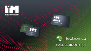 Logos of Intelligent Memory and its booth number at electronica with images of DDR4 and eMMC