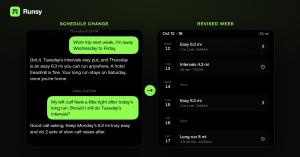 Runsy app screens: a runner's schedule-change message to the coach and the revised training week