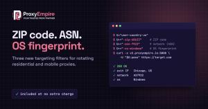 Terminal window showing a proxy username with ZIP code, ASN and OS fingerprint parameters.