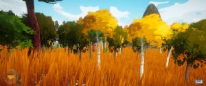 First-person view of a copse of green and yellow trees standing amidst tall yellow grass
