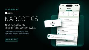 OneDose Narcotics launch graphic: the Narcotics tab in the OneDose mobile app showing a drug kit's controlled substance counts, with the Fentanyl count and the Waste action raised off the screen. Text reads: Introducing OneDose Narcotics. Your narcotics l