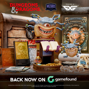 Official Dungeons & Dragons Xanathar collection displayed on a wooden tabletop, including a Xanathar Dice Tower and Phone Holder, mini collectible figure, poster, art cards, sticker pack, collector's coin, drawstring dice bag, premium dice set, certificat