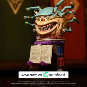 Close-up photograph of the Dungeons & Dragons Xanathar Dice Tower & Phone Holder collectible. Xanathar's sculpted head sits atop a bookshelf-style base with an open book detail. Gamefound branding appears at the bottom of the image.