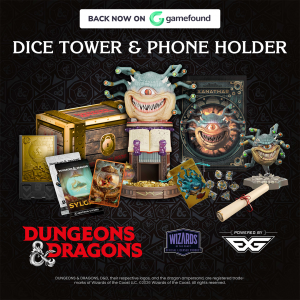 Promotional image showcasing the Dungeons & Dragons Xanathar Dice Tower & Phone Holder surrounded by campaign rewards including a mini figure, poster, scroll, dice set, collector's coin, art cards, stickers, drawstring bag, and treasure chest. Gamefound, 