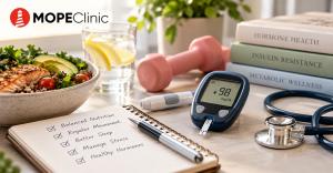 MOPE Clinic educational image showing a blood glucose meter, balanced meal, exercise equipment, and healthy lifestyle habits related to PMOS and insulin resistance.