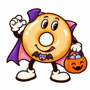 Doughie, a smiling glazed-donut character, wears a purple vampire cape and bat bow tie while holding a pumpkin-shaped bucket filled with candy.