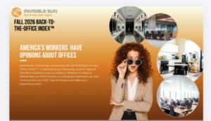 Image of woman in business attire looking shocked as she views images of workspaces