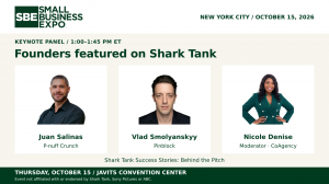 Portraits of Juan Salinas, Vlad Smolyanskyy and moderator Nicole Denise on an NYC Small Business Expo panel graphic.