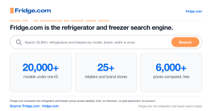 Fridge.com search bar reading 'Search 20,000+ refrigerators and freezers by model, brand, width or price' above three statistics: 20,000+ models under one ID, 25+ retailers and brand stores, 6,000+ prices compared, free.