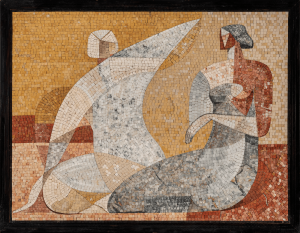 "Figures" by Alexander Aboutaam is among his most monumental works. It shows an abstract composition made up of natural stone mosaics, cut by hand and framed in wood.