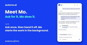 Animation of the Mo assistant chasing overdue invoices, building a board deck in the background and asking for approval before sending emails