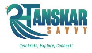 Sanskar Savvy logo featuring a teal and blue peacock, the Sanskar Savvy name, and the tagline "Celebrate, Explore, Connect!"