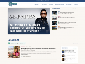 The Sanskar Savvy homepage featuring A.R. Rahman, Editor's Picks, entertainment news, contests, and navigation to the Events Hub and South Asian Business Directory.