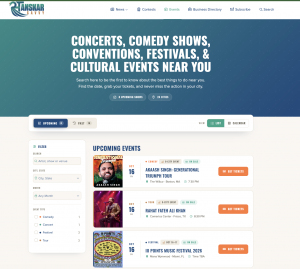 Sanskar Savvy Events Hub featuring upcoming South Asian concerts, comedy shows, festivals, and cultural events across North America, with searchable event listings, location filters, calendar views, and ticket links.