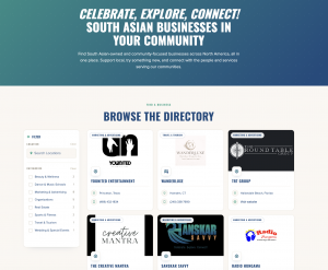 Sanskar Savvy Business Directory featuring business listings, location-based search, and category filters to help users discover South Asian-owned and community-focused businesses.