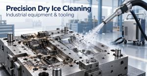 illustration of dry ice blasting industrial equipment and tooling. Credit: Precision Dry Ice Cleaning, AI-generated illustration.