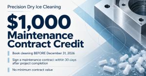 graphic advertising a $1,000 maintenance contract credit with booking and contract deadlines. Credit: Precision Dry Ice Cleaning, AI-generated illustration.