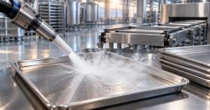 illustration of dry ice blasting commercial bakery equipment. Credit: Precision Dry Ice Cleaning, AI-generated illustration.