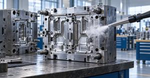 illustration of dry ice blasting injection mold tooling. Credit: Precision Dry Ice Cleaning, AI-generated illustration.