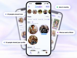 Promotional graphic of the Zeeën social discovery app showing nearby user profiles on a smartphone, with notifications for people nearby, profile views and Waves.