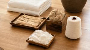 Raw bamboo strips, cellulose fibre and spun lyocell yarn beside folded white bedding