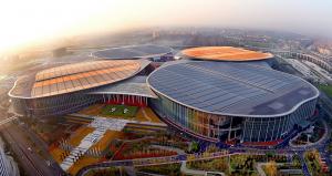 Aerial view of the four-leaf-clover-shaped National Exhibition and Convention Center in Shanghai.