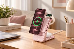 Rose gold RORRY AuraDock charging station on a wooden desk, holding an iPhone, Apple Watch and wireless earbuds.