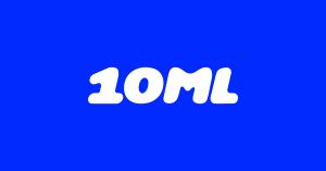 White 10ML wordmark on a solid electric-blue background