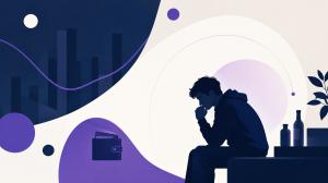 Stylized vector illustration of a person sitting in quiet reflection with subtle financial and economic elements in the background, representing the relationship between financial stress and coping habits.