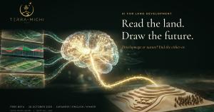 TERRA-MICHI key visual: data panels flowing into an AI brain and down to a terraced land model, with the headline Read the land. Draw the future.