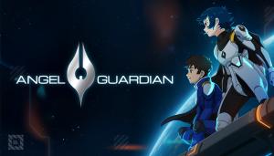 Dramatic cover art of a video game made in anime style. The background shows outer space dotted with tiny stars. Overlayed on the right side are two characters, one is a woman with short hair wearing white sci-fi armor, and the other is a young man wearin
