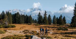 Three people walking through yellow fields with mountains visible in the distance, wearing cold-weather clothing