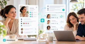 Profissional de trabalho doméstico com perfil digital Domestyca ligado a uma ferramenta de recrutamento assistido por IA utilizada por uma família.