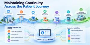 Healthcare technology infographic showing chronic care management, transitional care, remote patient monitoring and behavioral health programs connected through shared patient information, care plans, task management and follow-up workflows.
