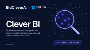 BidCleverAI and CelLink logos alongside the Clever BI launch graphic, announcing completion of the beta and availability of BidCleverAI’s Business Intelligence & Analytics Module for identifying relevant partners, prospects and routes to market.