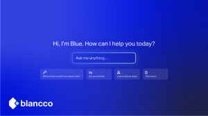 Illustrative rendering of the welcome screen for Blancco’s new AI assistant, Ask Blue. The window shows, “Hi, I’m Blue. How can I help you today?” followed by an “Ask me anything” field and four action options.
