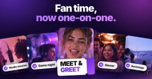 Purple graphic headlined "Fan time, now one-on-one." Five cards show fan experiences with creators: game night, studio session, dinner, backstage, and a center card with a smiling woman above a "Meet & Greet – Admit One" ticket, with a row of fan profile