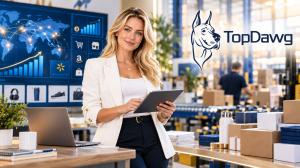 Blonde business professional holding a tablet inside a modern eCommerce fulfillment warehouse, with wholesale inventory, shipping boxes, and digital distribution analytics.