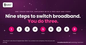 Headline card for the BroadbandSwitch.uk press release of 14 October 2026 on One Touch Switch, the Ofcom broadband switching rule in force since 12 September 2024. It shows the nine steps of a UK broadband switch as numbered circles and marks the three th