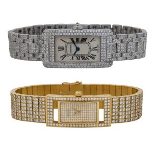 An 18K white gold Cartier Tank Américaine diamond wristwatch and an 18K yellow gold Piaget Classique rectangular diamond wristwatch. The two lots have an estimate range of $15,000-$45,000.