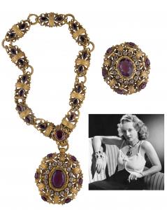 Fine jewelry will be led by a two-piece set of Joseff of Hollywood pendant jewelry, circa 1937-1940, a copy of which was worn by Bette Davis in a 1940s glamour publicity photo. Estimate: $1,500-$2,500