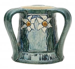 Rare 1909 Newcomb College Pottery high-glaze ceramic tyg (multi-handled drinking cup) by the New Orleans artisan Mary Cecilia Riffel. Estimate: $4,000-$6,000